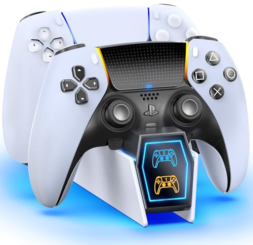 Kytok Base de Carga para PS5 y PS5 Edge Mando, 2,5H Cargador con Cable Type-C, LED Indicator y Luz Ambiental