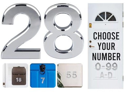 Números de puerta de 3 pulgadas con efecto cromado del 0 al 99, números de casa, números de casa, autoadhesivos, plateados, números de casa 3D para puertas, buzones, habitaciones de hotel (28)