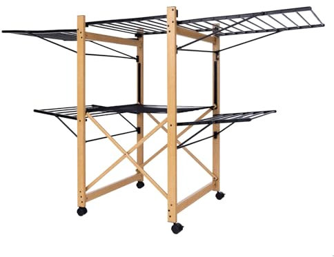 Kitchen Move Séchoir à Linge étendoir Multifonction Grande Capacité avec roulettes 28M USHUAIA Black Couleur Bois et Noir avec Maille Etendoir