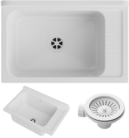 Granitan Ausgussbecken für Garage Keller Werkstatt und Waschküche - Universal Waschtrog mit Siphon - Waschbecken Wandmontage für Innen- und Außenaufstellung - 58x38x26,7 cm - Weiß