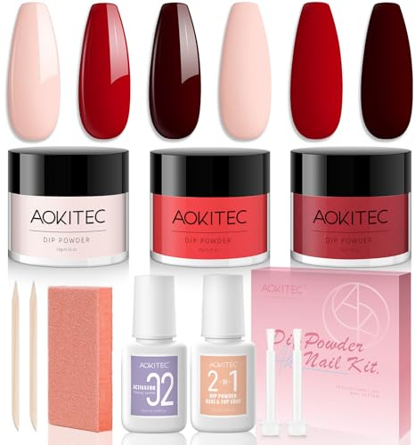 Aokitec 3 Colours Dip Powder Nail Kit - 11 PCS Pink Red Nail Dipping Powder Kit with 2-in-1 Dip Base & Top Coat Activator Basic Nail Tools for French Manicure Nail Art Starters