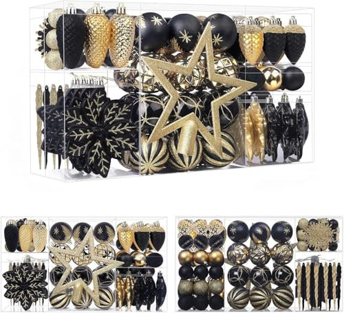 SHareconn Weihnachtskugel-Weihnachtsdekorationsset 106-Teilig, Bruchsichere Weihnachtsdekorationskugeln für Weihnachtsbaum, Tolle Dekoration für Party/Hochzeit, Schwarz und Champagner-Gold