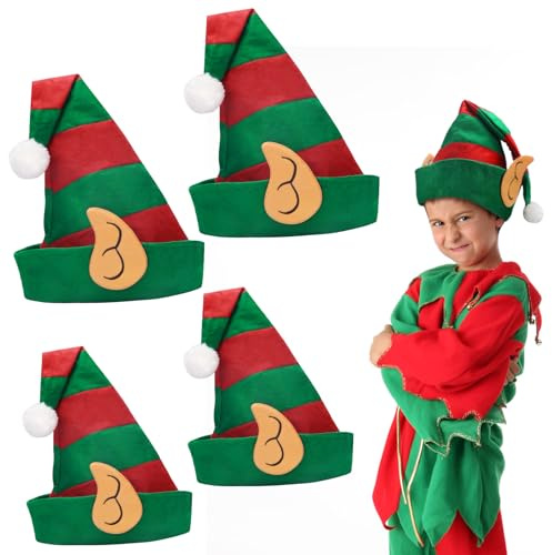 MONCAP 4 piezas Gorro de elfo de Navidad Gorro de elfo con orejas Gorro de Papá Noel Gorro de Navidad para niños y adultos Fiesta de Navidad y carnaval