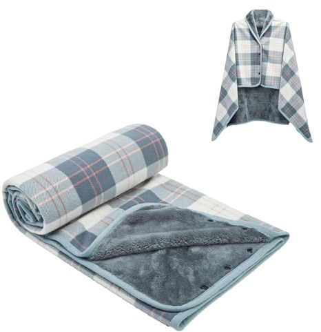 SIVENKE Poncho de forro polar para mujer, manta portátil, manta de regazo a cuadros, poncho cómodo, mantas de felpa, mantas, mantas, bufandas, envoltorios con botones, para cama, sofá, oficina
