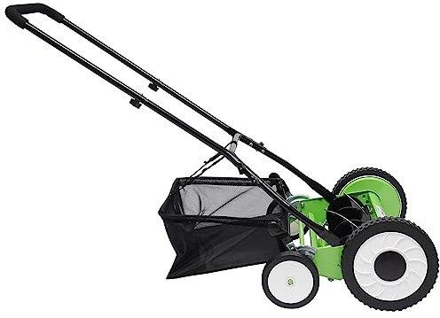 16in Manual Hand Push Lawn Mower, Cylinder Mower With Grass Collecting Bag, 9 Gears Adjustable Height, Walk-Behind Lawn Mower for Small Gardens Green