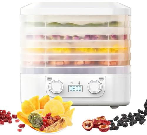 Déshydrateur Alimentaire, 160W Food Dehydrator avec 5 Plateaux Réglables en Hauteur, Contrôle de Température de 35 à 70°C et Minuterie de 48 Heures, pour Fruits, Viande, Légume (Blanc)