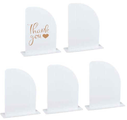 MAYJOYDIY Confezione da 5 cartelli a mezzo arco in acrilico bianco con supporto a mezzo arco in acrilico vuoto e base segnaposto segnaposto per numeri da tavolo per matrimoni, segnaletica, feste di