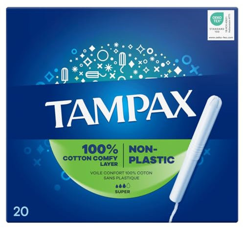 Tampax Super Tampons 20 Pack | 100% Cotton Comfy Layer | No Plastic, Perfume or Dyes | Chlorine-Free | Gynaecologically Tested | Medium to Heavy Flow Absorbency | Organic Comfort Protection