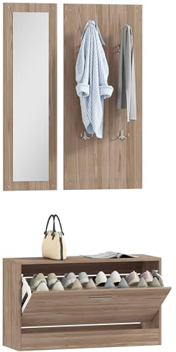 HOMCOM Set Mobili Ingresso 3 Pezzi con Panca Scarpiera, Appendiabiti a Muro e Specchio, Guardaroba da Camera e Corridoio in Legno, 80x27x46.5 cm, Marrone Scuro