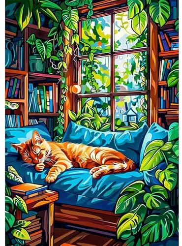 NEWENMO Camera Accogliente Diamond Painting Kit,5D Gatto Arancione e Piante Pittura Diamante per Adulti,DIY Diamant Crystal Art Kits,Ricamo a Punto Croce Artigianale,per Decorazione Casa 30x40cm