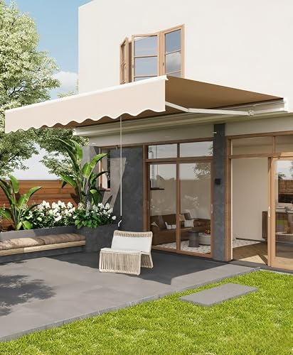 GarveeLife 10’x8’ Manual Retractable Awning, Waterproof Sun Shade Patio Awning, Heavy Duty Aluminum Frame, 280 g Polyester Fabric, Adjustable Roll Out Awning for House, for Deck, Porch, Beige