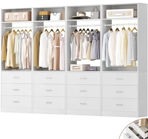 Besiost Closet System Set of 4, 8FT Closet Systems with 12 Wood Drawers, 96 Closet Organizer System with 4 Hanging Rods & 4 Shelves, Heavy Duty 96 Inch Walk-in Closet, White (96L x 15 W x 80 H)