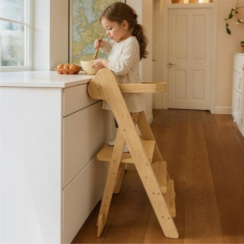 COSYLAND Sgabello pieghevole da cucina con rete di sicurezza, con torre regolabile in altezza per bambini, salvaspazio, con blocchi di supporto, Foldi (naturale)