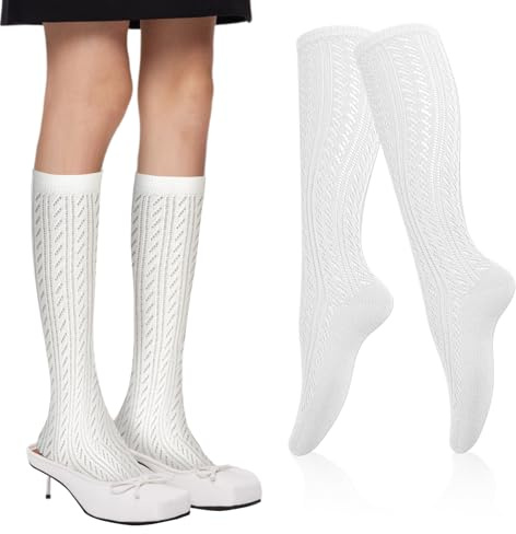 YAUOIPI Calzini alti al ginocchio da donna, calzini bianchi in cotone, eleganti calzini alti al ginocchio per matrimoni, uso quotidiano, scuola, cosplay, bianco, Taglia unica