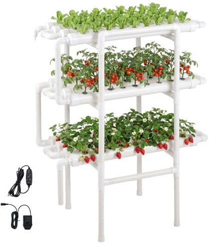 VEVOR Kit di Sistema di Coltivazione Idroponica a 3 Livelli e 108 Siti con Tubi in UPVC, Irrigazione Temporizzata, Tubi Che Bloccano Sole e Luce, per Ortaggi da Interno, Giardino Domestico