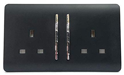 Trendi Switch 2 Gang Artistic Modern Glossy 13 Amp Switched Tactile Plug Socket, Matt Black, ART-SKT213L