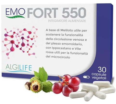 Emofort 550 Integratore con Diosmina, Esperidina, Vite Rossa e Ippocastano. Integratore Gambe Gonfie e Pesanti, Favorisce il Microcircolo rafforza i Capillari Gambe combatte le Emorroidi (30 Capsule)