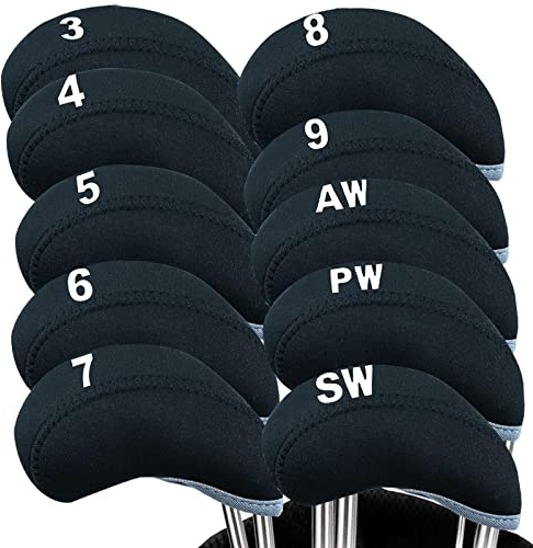 Capuchon de Golf Club Couvre Fer Protection Long Cou Impression de Numéro Value 10 Pcs, Housses de Tête de Club de Golf avec Fermeture éclair, Adaptées à Toutes Les Marques (Noir -No Fenêtre)