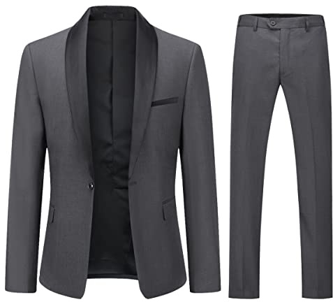 YOUTHUP Costume Homme 2 Pièces à Revers Châle Fit Slim Blazer Coupe Classique Blazer et Pantalons Formelle de Mariage Costume Business, Gris Foncé, XL