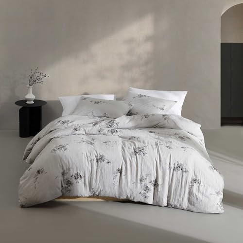 Calvin Klein - King Duvet Cover Set, Soft 100% Cotton Gauze Mélange Bedding, Tailored Knife-Edge Finish, 3 Piece Bed Set with Matching Pillowcases (Aquarelle Floral Grey)