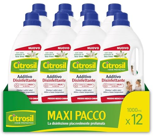 Citrosil - Additivo Disinfettante Liquido per Lavatrice e Bucato a Mano, con Vere Essenze di Tea Tree, Azione Igienizzante e Disinfettante, Adatto per Capi Bianchi e Colorati, 1000 ml x 12 Confezioni