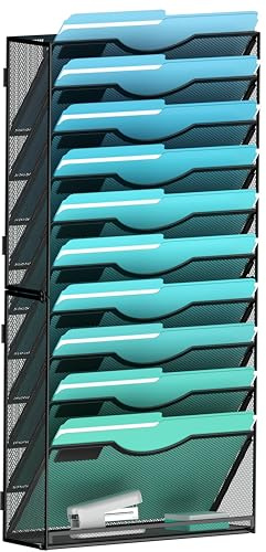 Gawerk 11-Tier Wall File Organizer Hanging Wall File Holder Wall Mount Paper Folder Organize, Mesh Magazine Document Mail Organizer Wall Organizer for Office School Home, Black