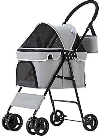 GLETSF Hundebuggys für kleine Hunde, Haustierbuggys für Katzen und Hunde, Exquisite Hundekinderwagen, Buggys für kleine Hunde, Leichter, zusammenklappbarer Haustierbuggy mit 4 Rädern (blau) (grau)