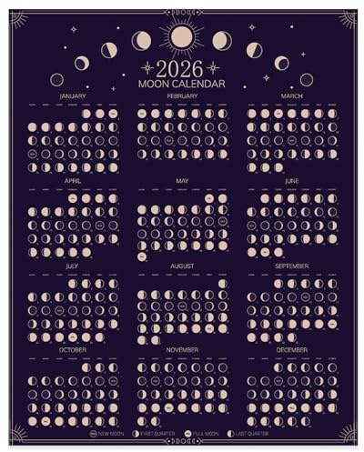 2026 Wall Calendar - Moon Phases Poster, 11 x 14 inches Hangable Full Moon Cycle Lunar Calendar, Moon Tracker Wall Art Poster, Astrology Calendar Decorations, Moon Lover Gifts (Black)