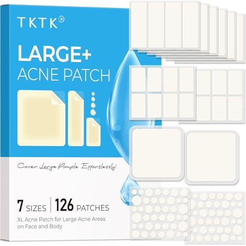 TKTK Large Pimple Patches for Face & Body Zit Breakouts, 7 Sizes 126 Count | XL Acne Patch, for Chin, Forehead, Chest, Back, Big Hydrocolloid Bandages, Square / Strip / Dot Shapes, for All Skin Types