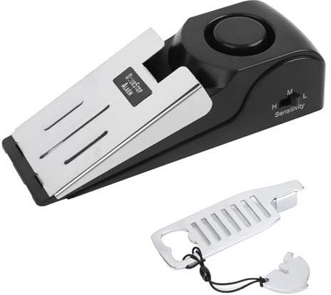 Mengshen Cerradura de puerta portátil y alarma de tope de puerta con potente sirena de 120 dB, 3 niveles de sensibilidad, tope de puerta de cuña de suelo, protección adicional de seguridad