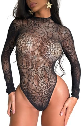Gatamiau Body a Rete a Maniche Lunghe da Donna Lingerie Sexy Bodysuit Senza Schienale Fishnet Babydoll Uno Pezzo Teddy Intima da Notte Tops Body Intimo Hot Curvy Halloween