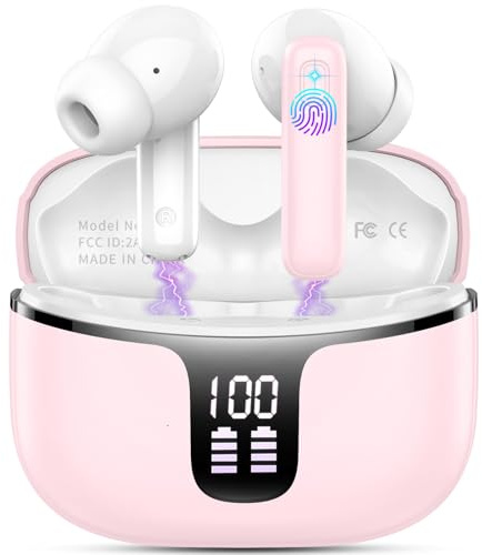Ecouteurs Bluetooth sans Fil, Écouteurs Bluetooth 5.3 Oreillette Sport Casque HiFi Son avec 4 ENC Mic, 40H Durée de Lecture Écran LED, IP7 Étanche, Contrôle Tactile, Compatible Android and iOS, Pink