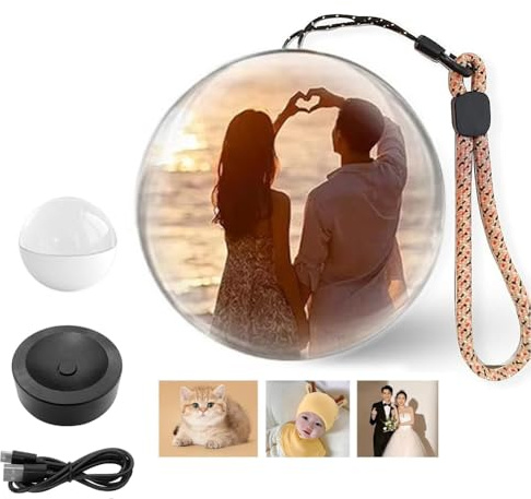 Générique Album Photo Numérique à Ultrasons 3D avec Boule de Cristal, Lampe à Mémoire de Forme, Affichage Vidéo Numérique, Boule de Cristal à Ultrasons de 7cm pour Couples, Animaux Domestiques,Blanc