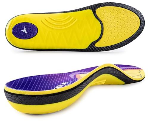 VALSOLE Plantillas ortopédicas para hombre y mujer para arco alto, para fascitis plantar, plantillas correctivas para pies planos, plantillas para zapatos de trabajo(Amarillo púrpura 40-41 EU 26.1cm)