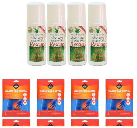 Roll On ResCue Gel Aloe Vera Pack Alivio Muscular/4 Roll-On Aloe Vera Árnica Montana + 4 Cinturones Térmicos Para Alivio Dolor Lumbar y Espalda/ 8h de Duración
