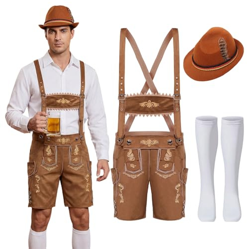 Essestim Oktoberfest Men's Costume, Traditional Bavarian Oktoberfest Lederhosen Costume Set with Suspenders Shorts Hat Stocking for Beer Festival Traditional Fancy Dress