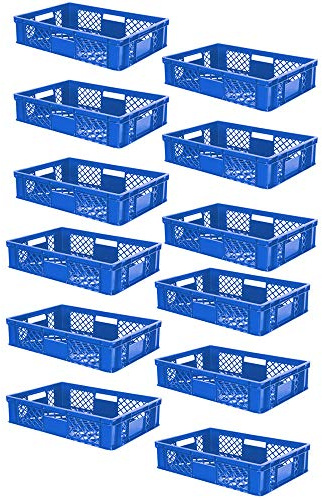 BRB 12x Eurobehälter durchbrochen/Stapelkorb, PE-HD blau, Industriequalität, lebensmittelecht, LxBxH 600x400x150 mm