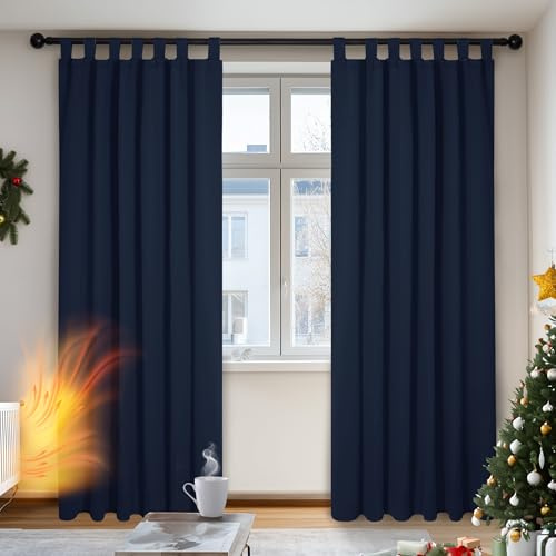 Deconovo Lot de 2 Rideaux occultants Thermiques à Passants Bleu foncé 200 x 140 cm