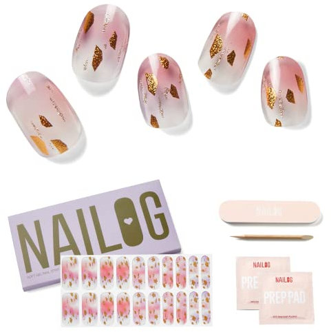 NAILOG Semi Cured Gel Strips (20 Extra Long Stickers), UV/Led Lamp Glossy & Long Lasting Soft Gel Finish Wrap, Rose Land