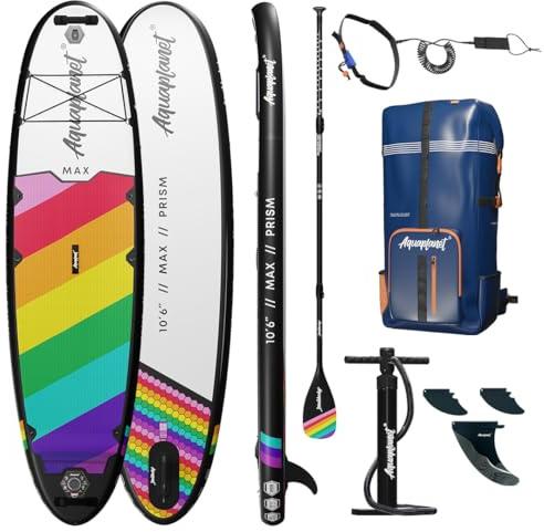 AQUAPLANET Inflatable Stand Up Paddle Board Kit - Max, Rainbow | 10.6 Foot | Ideal for SUP Beginners & Experts | Includes Fin, Paddle, Pump, Repair Kit, Backpack, Leash, Dry Bag, Carry Strap