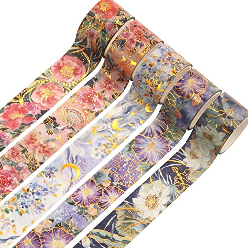 YUBX Blommande Washi tejpset guldfolie maskeringstejp pion bred dekorativ för konst, gör-det-själv-hantverk, Bullet journal tillbehör, planerare, klippbok, kort/presentförpackning – 25 mm – (lila
