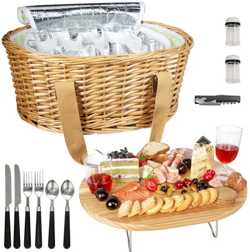 Hap Tim Wicker Picnic Basket Set for 2 with Mini Folding Wine Picnic Table & Large Insulated Cooler Bag & Cutlery Service Kits for 2 Person, Couples Gifts, Wedding Gifts (Y2209-2-GR)