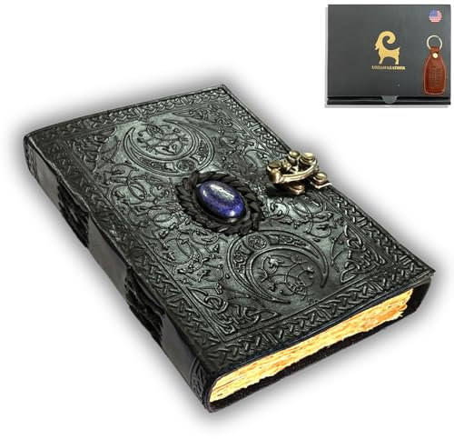 Notizbuch mit Lapislazuli-Mondprägung und Ledereinband Schreibnotizbuch als Geschenk für Frauen und Männer Grimoire-Zauberbuch der Schatten Schwarzes Tagebuch mit unlinierten Seiten im Vintage-Stil
