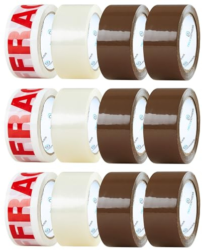 DECO EXPRESS Cinta de Embalaje, Paquete Múltiple - Cinta Marrón Resistente, Cinta Frágil y Cinta Transparente de Alta Resistencia para Cajas (Cintas Mixtas, 12 Rolls)