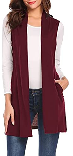 EFOFEI Mujer Liso Blazer Chaleco Chaleco Largo Ligero con Bolsillo Lovely Lightweight Comfy Blusa Vino Rojo XXL