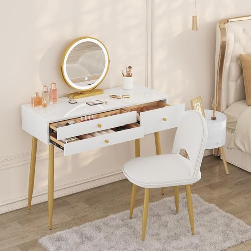 WOLTU sminkbord med belysning, justerbart LED spegelljus, sminkbord med 3 lådor, stor bordsskiva 100x40 cm, kosmetikbord med sammetspall, vit+kräm+guld, MB6105ws | 3 ljusfärger, 3 lådor av massivt trä och avdelningar, modernt toalettbord för sovrum, högglans vit-guld