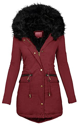 L9WEI Abrigo de invierno grueso y cálido para mujer, chaqueta de entretiempo con cremallera, cómoda parka de longitud media con capucha para excursiones de vacaciones y actividades de exterior,