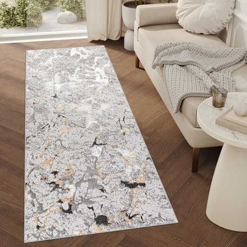 TAPISO Crystal Läufer Teppich Glänzend Hellgrau Gold Creme Marmoreffekt Abstrakt Wohnzimmer Schlafzimmer Flur Korridor Modern Design ÖKO-TEX 100 x 300 cm