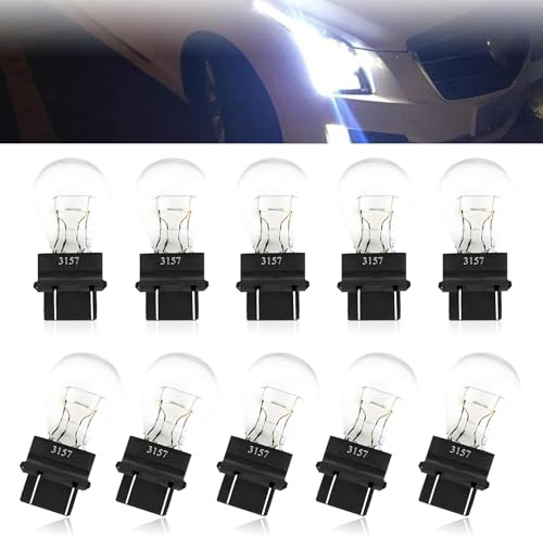 gunroil 10 Pack 3157 Car Brake Light Bulb Replacement, 12V 21/5W Vehicle Turn Signal Light Accessory, Waterproof Quartz Glass Lighting Bulbs Accessory, Universal for Most Cars (White)