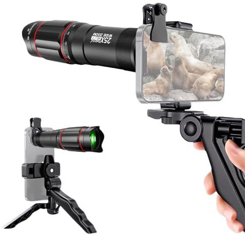 Andoer Mobile Phone Lens Kit - 25x Telephoto Lens Set with Clip, Holder, Cleaning Cloth, Tripod for Hiking, Camping, Animal Watching, Moon, Sports, Concerts